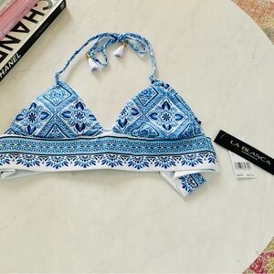 La Blanca Halter Blue and White Bikini Top NWT